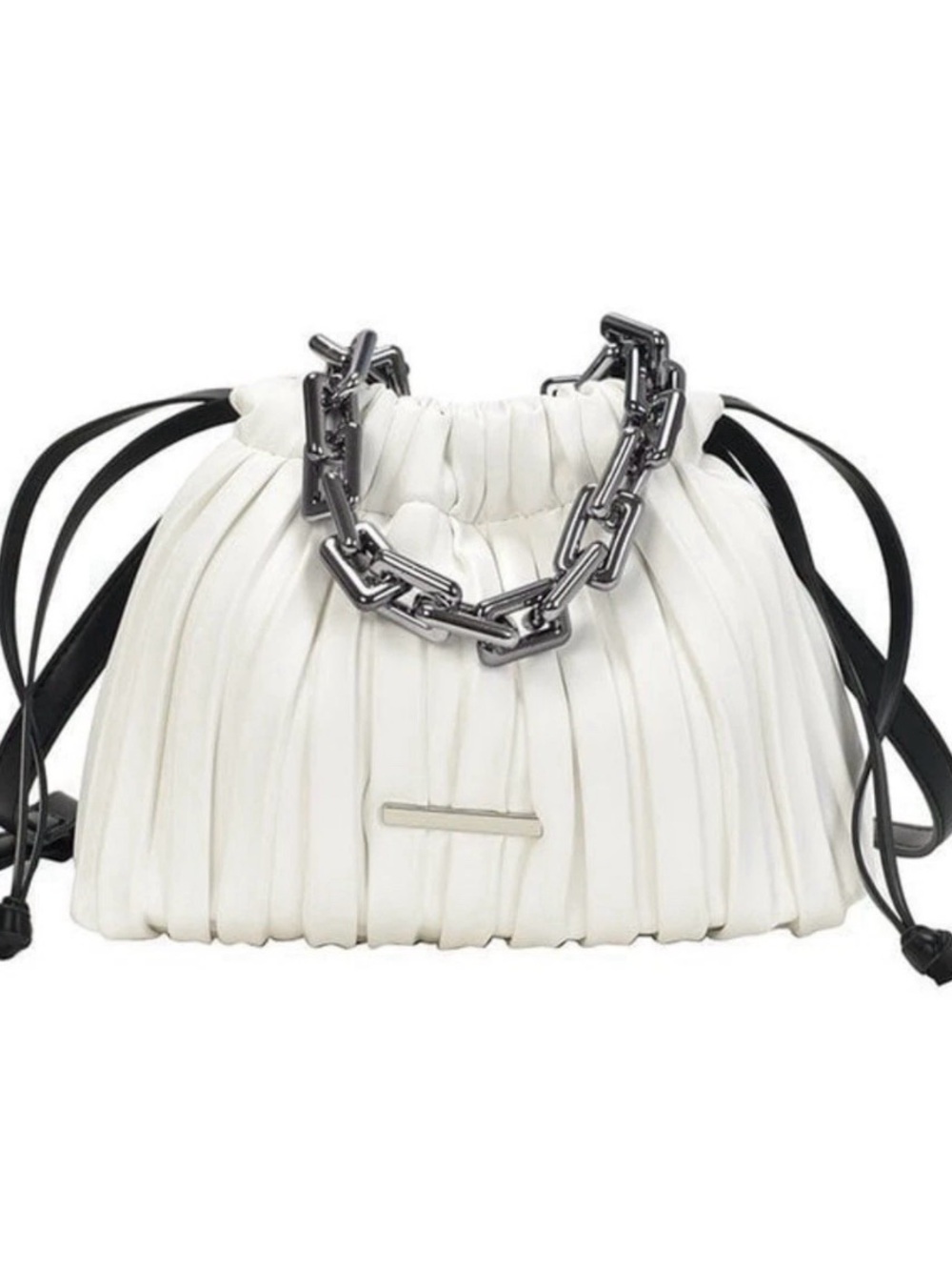 Plisse Pleated Drawstring Crossbody Bag White Ruched Shoulder Purse Chain Strap